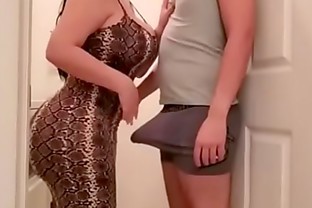 Big ass mom and big tits in dress fucks her son in the laundry room - poster